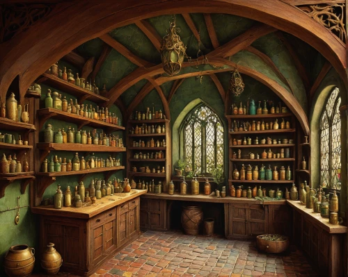 apothecary,potions,pharmacy,candlemaker,brandy shop,pantry,soap shop,bookshelves,liquor bar,alchemy,victorian kitchen,cabinetry,bookshop,cellar,vaulted cellar,wine cellar,dandelion hall,drinking establishment,consulting room,reagents,Illustration,Realistic Fantasy,Realistic Fantasy 05