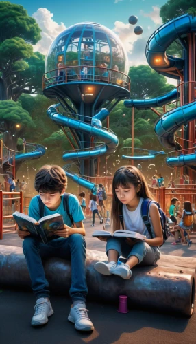 children studying,sci fiction illustration,3d fantasy,teacups,e-book readers,digital compositing,children's background,virtual world,shanghai disney,reading magnifying glass,rides amp attractions,book electronic,children learning,fantasy world,connected world,anime 3d,kids illustration,futuristic landscape,prospects for the future,children's playground,Illustration,Japanese style,Japanese Style 05