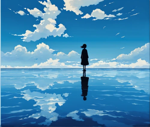 silhouette art,blue painting,walk on water,travel poster,calm water,studio ghibli,blue waters,blue background,blue sky and clouds,spaciousness,blue sky clouds,blue sea,ocean background,background images,the endless sea,woman silhouette,blue sky,art silhouette,reflection in water,adrift,Illustration,Japanese style,Japanese Style 14