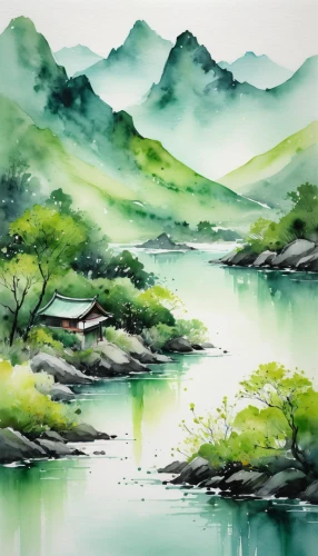 watercolor background,river landscape,watercolor,green landscape,chinese art,mountain landscape,japan landscape,landscape background,watercolor pine tree,watercolor painting,water color,watercolor leaves,watercolor tea,mountainous landscape,watercolour,guizhou,watercolors,water colors,watercolor tea shop,watercolor paint,Illustration,Paper based,Paper Based 20