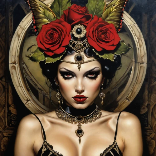 venetian mask,gothic portrait,queen of hearts,fantasy art,queen of the night,black rose hip,black rose,headdress,the enchantress,oriental princess,sorceress,gothic woman,orientalism,priestess,gothic fashion,adornments,vampire woman,lady of the night,cleopatra,masquerade,Illustration,Realistic Fantasy,Realistic Fantasy 10