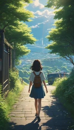 studio ghibli,little girl in wind,stroll,summer day,girl walking away,wander,pathway,walk,forest walk,trail,strolling,little girl running,walk in a park,journey,walking,summer evening,exploration,going home,playing outdoors,child in park,Photography,General,Fantasy