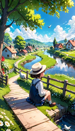 summer day,countryside,idyllic,landscape background,idyll,studio ghibli,seaside country,springtime background,rural landscape,home landscape,summer meadow,dream world,sunny day,park bench,riverside,world digital painting,summer evening,farm background,picnic,stroll,Anime,Anime,General