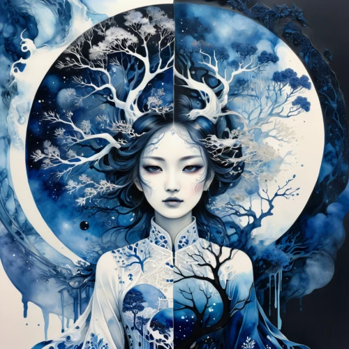 the snow queen,blue enchantress,blue moon rose,moonflower,blue moon,moon phase,holly blue,tilia,mother earth,dryad,white rose snow queen,japanese art,winterblueher,fae,zodiac sign libra,faerie,gaia,blue snowflake,ice queen,amano,Illustration,Japanese style,Japanese Style 18