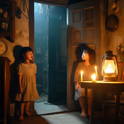 the little girl's room,candlelights,little boy and girl,doll's house,candle light,little girl and mother,miracle lamp,doll looking in mirror,doll house,visual effect lighting,studio ghibli,scene lighting,kerosene lamp,the little girl,children studying,dandelion hall,candlelight,children's room,doll kitchen,illumination