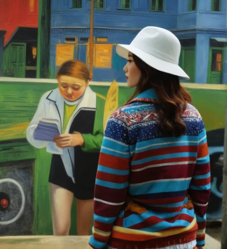 girl wearing hat,meticulous painting,street artist,street artists,photo painting,art painting,fabric painting,chalk drawing,painter,the girl at the station,woman playing,painting,art dealer,girl-in-pop-art,glass painting,woman holding a smartphone,girl with cereal bowl,painting technique,italian painter,girl walking away