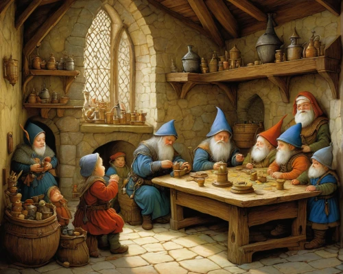 gnomes at table,dwarf cookin,gnomes,dwarves,dwarfs,the pied piper of hamelin,elves,scandia gnomes,candlemaker,apothecary,potter's wheel,middle ages,tinsmith,wizards,potions,fairytale characters,tavern,hobbit,gnome and roulette table,cookery,Illustration,Realistic Fantasy,Realistic Fantasy 05