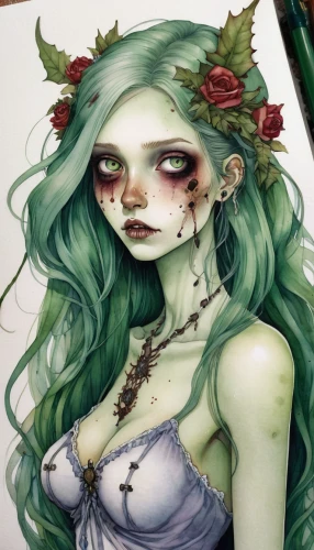 dryad,poison ivy,elven flower,green mermaid scale,faerie,faery,green rose hips,mint blossom,dahlia white-green,wilted,fae,menta,copic,watercolor mermaid,medusa,flower crown,dead bride,rusalka,ivy,mentha,Illustration,Abstract Fantasy,Abstract Fantasy 11