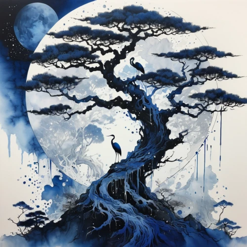 the japanese tree,japanese art,watercolor tree,tree of life,blue painting,ghost forest,painted tree,blue rain,magic tree,the branches of the tree,hanging moon,blue moon,blue birds and blossom,phase of the moon,shirakami-sanchi,sky tree,ori-pei,lunar landscape,fantasy art,silk tree,Illustration,Japanese style,Japanese Style 09