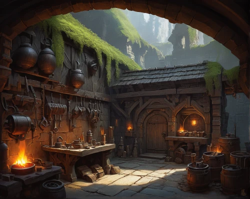 apothecary,blacksmith,tavern,merchant,tinsmith,candlemaker,castle iron market,mountain settlement,medieval town,dwarf cookin,shopkeeper,forge,collected game assets,medieval street,hearth,dungeons,medieval market,ancient house,medieval,stalls,Illustration,Realistic Fantasy,Realistic Fantasy 05