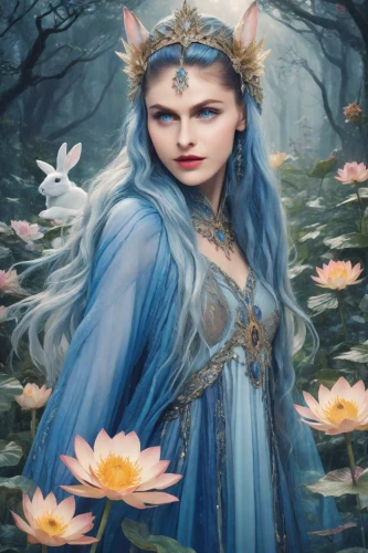 fantasy portrait,faerie,faery,fantasy picture,blue enchantress,fantasy art,fairy queen,fae,elven flower,the enchantress,fantasy woman,fairy tale character,flower fairy,mystical portrait of a girl,sorceress,rusalka,elven,the snow queen,rosa 'the fairy,celtic queen,Photography,Realistic