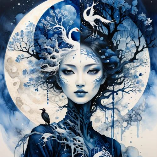 the snow queen,moonflower,blue moon rose,blue enchantress,moon phase,blue moon,moonbeam,lunar phases,the zodiac sign pisces,zodiac sign libra,queen of the night,mystical portrait of a girl,indigo,moonlit,celestial body,blue star magnolia,celestial bodies,luna,fantasy art,zodiac sign gemini,Illustration,Japanese style,Japanese Style 18