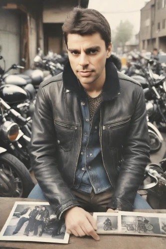 motorcycles,leather jacket,motorcyclist,biker,motorcycle,harley davidson,motorbike,harley-davidson,motorcycle racer,black motorcycle,farro,cafe racer,motorcycling,no motorbike,cola bottles,denim background,motorcycle tour,leather,60's icon,panhead,Photography,Polaroid
