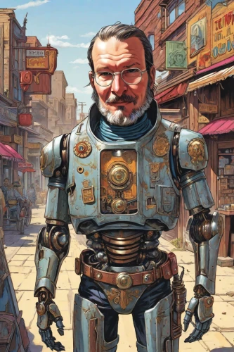 merchant,fallout4,dwarf sundheim,sci fiction illustration,vendor,steampunk,cyborg,shopkeeper,minibot,cybernetics,bot,steel man,social bot,craftsman,dwarf cookin,cyberpunk,rustico,robot,heavy armour,the wanderer,Digital Art,Comic