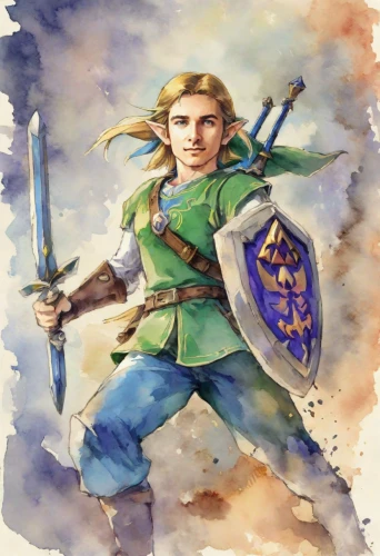 link,link outreach,patrol,male elf,aaa,rupees,aa,wall,alm,links,png image,leonardo,mariawald,ocarina,defense,cleanup,castleguard,raphael,king sword,wind warrior,Digital Art,Watercolor