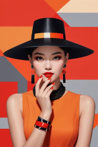 fashion vector,fashion illustration,portrait background,women's accessories,bright orange,red hat,orange,girl wearing hat,women fashion,asian conical hat,orange color,black hat,the hat-female,hat retro,pop art background,shopping icon,tiktok icon,pop art style,vector illustration,vector graphic,Illustration,Vector,Vector 07