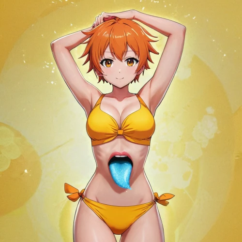 nami,nemo,one-piece swimsuit,pollen panties,asuka langley soryu,vitamin c,anime 3d,orange,sun,eris,summer swimsuit,tan-tan,orangina,oranges,cg artwork,sol,uranus,summer background,kotobukiya,swimsuit