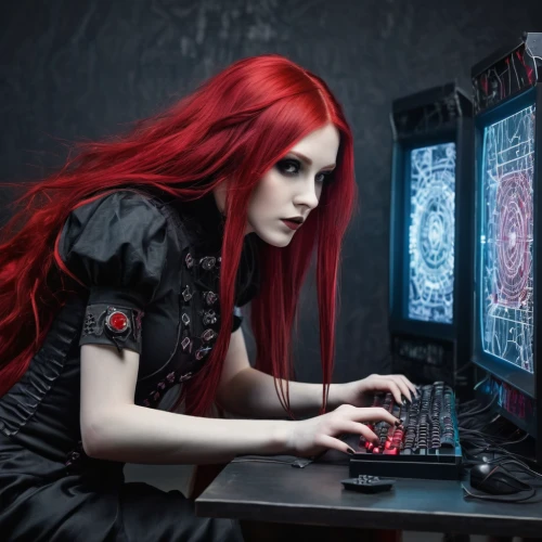girl at the computer,gothic woman,gothic fashion,red matrix,gothic style,gothic dress,psychic vampire,gothic portrait,nord electro,goth woman,computer freak,red-haired,cyber,massively multiplayer online role-playing game,gothic,cyberspace,cybernetics,clockmaker,jigsaw,computer addiction,Photography,Fashion Photography,Fashion Photography 26