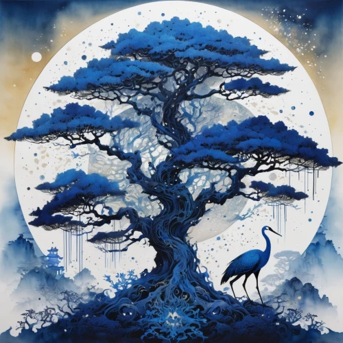 blue birds and blossom,blue bird,the japanese tree,birds blue cut glass,blue peacock,tree of life,blue moon,bird painting,bird kingdom,sky tree,watercolor tree,wondertree,bird on the tree,bird bird kingdom,magic tree,ori-pei,dove of peace,japanese art,peacock,birds of the sea,Illustration,Japanese style,Japanese Style 05