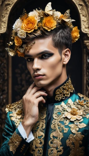 venetian mask,bridegroom,aristocrat,persian poet,crown marigold,golden wreath,masquerade,male model,brazilian monarchy,baroque,gold filigree,gold yellow rose,social,laurel wreath,imperial crown,viceroy (butterfly),filigree,boutonniere,young model istanbul,monarchy,Photography,General,Fantasy