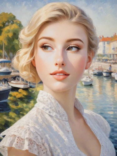 the blonde in the river,romantic portrait,girl on the river,girl on the boat,blonde woman,elsa,fantasy portrait,mystical portrait of a girl,young woman,portrait of a girl,custom portrait,girl in a historic way,portrait background,blonde girl,marina,photo painting,world digital painting,girl portrait,romantic look,oil painting