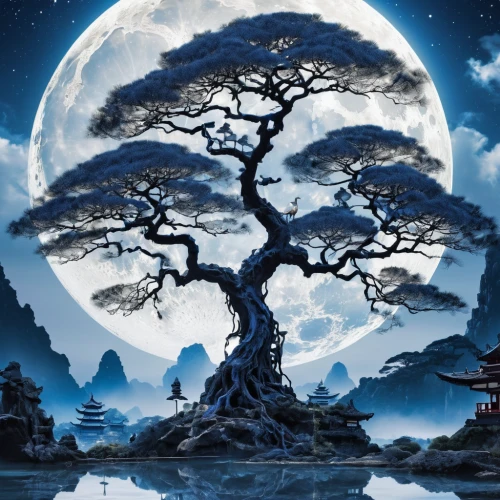 the japanese tree,moonlit night,tree of life,magic tree,moonlit,dragon tree,wondertree,lone tree,celtic tree,blue moon,lunar landscape,moon and star background,bonsai,fantasy picture,full moon,sacred fig,hanging moon,isolated tree,moon at night,silk tree,Photography,General,Realistic
