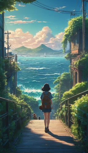 studio ghibli,wander,the road to the sea,summer day,summer evening,seaside country,seaside,summer background,boardwalk,finding,home or lost,traveler,adventure,seaside view,stroll,atmosphere,journey,getting lost,ocean view,scenery,Photography,General,Fantasy