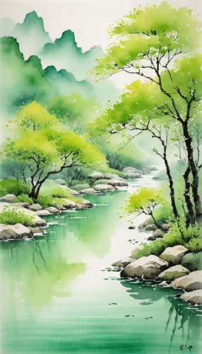 watercolor background,watercolor pine tree,river landscape,green landscape,green trees with water,landscape background,japan landscape,watercolor tree,watercolor,water color,brook landscape,watercolor tea,watercolor leaves,rou jia mo,japanese art,watercolor painting,coastal landscape,water colors,watercolors,chinese art,Illustration,Paper based,Paper Based 07