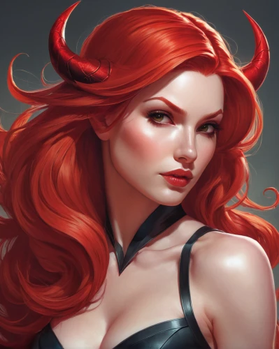 devil,scarlet witch,taurus,black widow,fire devil,fantasy portrait,red head,fiery,red-haired,digital painting,evil woman,fire siren,horned,vampire woman,nami,crimson,red ginger,angel and devil,the devil,vampire lady,Conceptual Art,Fantasy,Fantasy 03