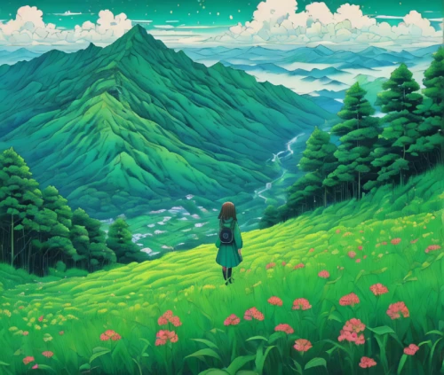 blooming field,mountain meadow,green meadow,studio ghibli,clover meadow,mountain scene,landscape background,mountain,mountain world,mountain landscape,salt meadow landscape,mountains,flower field,alpine meadow,meadow landscape,hokkaido,springtime background,high landscape,mountain slope,the spirit of the mountains,Illustration,Japanese style,Japanese Style 18