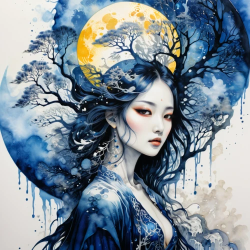 blue moon rose,blue enchantress,blue moon,chinese art,moonflower,blue birds and blossom,fantasy art,watercolor blue,the snow queen,moon phase,japanese art,moonlit,faerie,queen of the night,moonlit night,blue rose,oriental painting,mystical portrait of a girl,faery,full moon day,Illustration,Japanese style,Japanese Style 18