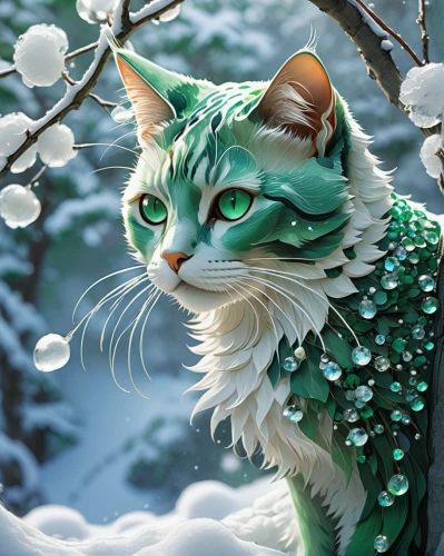 emerald,christmas cat,winter animals,emerald lizard,fir green,the snow queen,green-tailed emerald,malachite,christmas snowy background,green and white,green dragon,snowshoe,snowdrop,glass ornament,breed cat,glass yard ornament,blue eyes cat,norwegian forest cat,emerald sea,christmas snow,Illustration,Retro,Retro 03