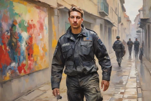 policeman,pedestrian,oberlo,military person,a pedestrian,oil painting,coveralls,police officer,oil painting on canvas,italian painter,war correspondent,standing man,man with umbrella,oil on canvas,walking man,traffic cop,combat medic,police uniforms,cargo pants,paratrooper,Digital Art,Impressionism