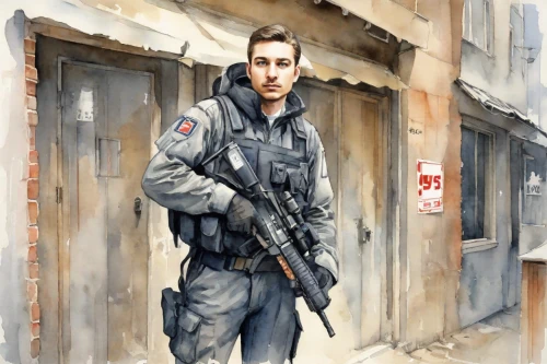 policeman,police officer,military person,combat medic,soldier,infantry,officer,man holding gun and light,grenadier,m4a1 carbine,veteran,swat,eod,polish police,police berlin,war veteran,war correspondent,police,police force,mercenary,Digital Art,Watercolor