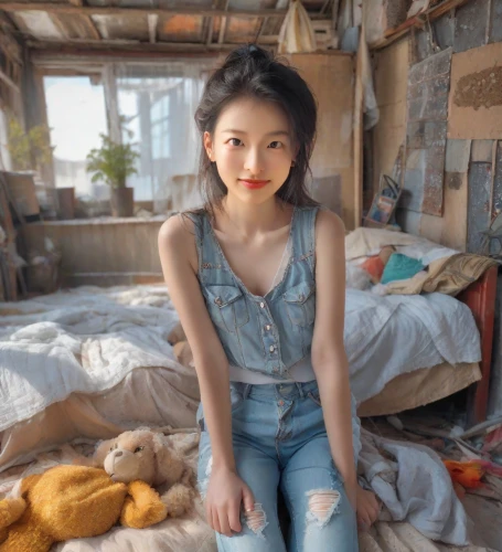 joy,girl in overalls,winner joy,overalls,asian girl,akita inu,denim background,songpyeon,vintage asian,solar,denim jumpsuit,chewy,rv,model doll,vintage girl,the girl is lying on the floor,kitsune,asian woman,countrygirl,sujeonggwa,Photography,Realistic