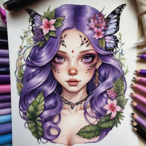 butterfly lilac,lilac blossom,lilac flower,butterfly floral,vanessa (butterfly),flower fairy,faerie,fantasy portrait,lilac flowers,acerola,garden fairy,copic,fae,lilac bouquet,lilacs,violet head elf,faery,lilac branch,purple passion flower,violet,Illustration,Abstract Fantasy,Abstract Fantasy 11