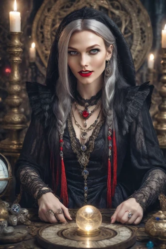 fortune teller,psychic vampire,vampire woman,vampire lady,fortune telling,gothic portrait,sorceress,priestess,ball fortune tellers,dodge warlock,candlemaker,queen of hearts,gothic woman,vampire,the witch,celebration of witches,tarot cards,divination,gothic fashion,celtic queen,Photography,Realistic