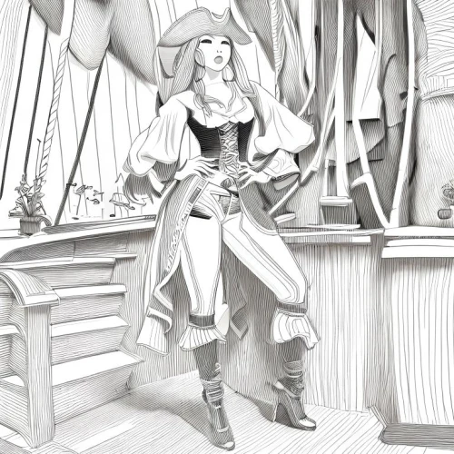 the sea maid,pirate,sea fantasy,coloring page,delta sailor,scarlet sail,fantasia,venetia,thames trader,galleon,seafaring,at sea,vexiernelke,disney character,stechnelke,mezzelune,nautical star,pirates,queen of liberty,manila galleon,Design Sketch,Design Sketch,Character Sketch