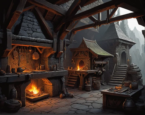 blacksmith,fireplaces,hearth,fireplace,tavern,tinsmith,wood stove,charcoal kiln,fireside,wood-burning stove,mountain settlement,apothecary,forge,witch's house,fire place,candlemaker,ancient house,stone oven,castle iron market,medieval street,Illustration,Realistic Fantasy,Realistic Fantasy 05