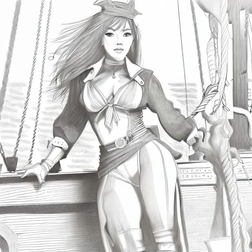 pirate,the sea maid,huntress,mono-line line art,venetia,seafaring,female warrior,girl on the boat,fantasy woman,nami,scarlet sail,marina,galleon,tall ship,thames trader,game drawing,catarina,manila galleon,delta sailor,lineart,Design Sketch,Design Sketch,Character Sketch