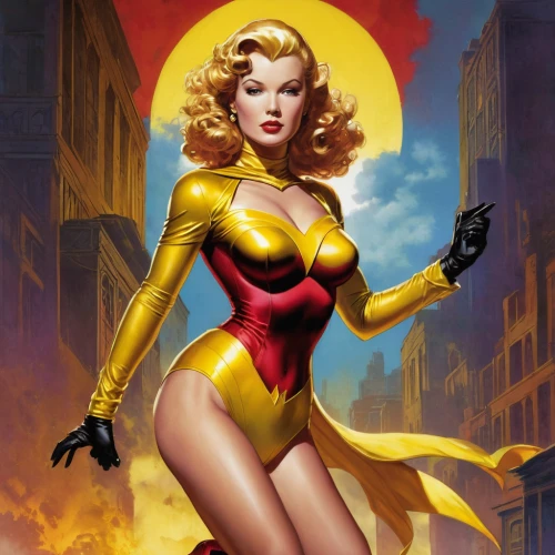 captain marvel,canary,super heroine,goddess of justice,firestar,kryptarum-the bumble bee,fantasy woman,scarlet witch,phoenix,sprint woman,wonderwoman,marvel comics,woman fire fighter,wasp,fire angel,marylyn monroe - female,super woman,power icon,femme fatale,golden apple,Conceptual Art,Fantasy,Fantasy 15