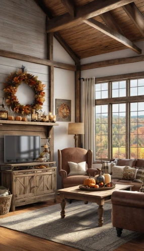 wooden beams,wooden windows,autumn decor,family room,livingroom,living room,the cabin in the mountains,rustic,sitting room,log cabin,country cottage,fire place,alpine style,log home,luxury home interior,patterned wood decoration,fireplace,modern living room,entertainment center,chalet,Photography,General,Realistic