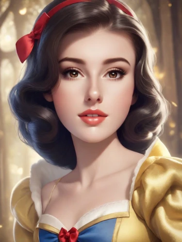 snow white,digital painting,queen of hearts,cinderella,fantasy portrait,world digital painting,fairy tale icons,marguerite,fairy tale character,portrait background,princess sofia,vintage girl,retro girl,doll's facial features,mary-gold,retro pin up girl,retro christmas girl,princess anna,vintage makeup,fantasia,Photography,Cinematic