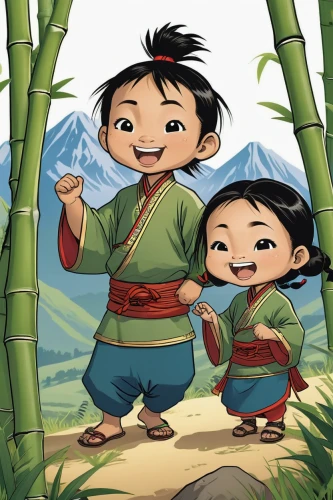lilo,mulan,chinese tree chipmunks,arrowroot family,girl and boy outdoor,bamboo plants,kids illustration,bamboo,bamboo flute,happy children playing in the forest,asian culture,villagers,choy sum,cute cartoon image,grass family,vietnam's,yunnan,stick children,hoisin sauce,nomadic children,Illustration,Children,Children 02
