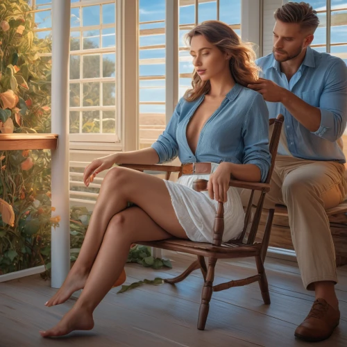 woman sitting,romantic portrait,digital compositing,romantic scene,vintage man and woman,advertising figure,home fragrance,visual effect lighting,idyll,men sitting,young couple,southern magnolia,house painting,man and wife,house sales,girl sitting,home ownership,painting technique,window sill,meticulous painting,Photography,General,Natural