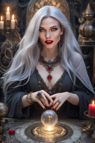 sorceress,vampire woman,psychic vampire,priestess,gothic portrait,vampire lady,candlemaker,divination,the enchantress,fortune teller,fortune telling,fantasy portrait,witches pentagram,the witch,celebration of witches,gothic woman,tarot cards,elven,mystical portrait of a girl,caerula,Photography,Realistic