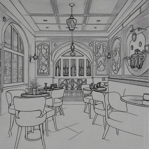 dining room,coloring page,ballroom,breakfast room,interiors,art deco background,art nouveau design,ice cream parlor,cafeteria,coloring pages,art deco,a restaurant,tearoom,study room,dining,soda fountain,conference room,bistro,piano bar,backgrounds,Design Sketch,Design Sketch,Blueprint