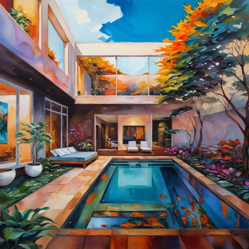 pool house,home landscape,tropical house,oil on canvas,oil painting on canvas,aqua studio,contemporary,swimming pool,koi pond,mid century house,private house,tropics,mid century modern,holiday villa,roof landscape,conservatory,las olas suites,oil painting,tropical bloom,hacienda,Illustration,Paper based,Paper Based 04