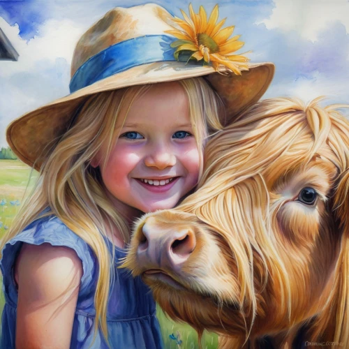 highland cattle,highland cow,scottish highland cattle,oil painting on canvas,oil painting,scottish highland cow,child portrait,farm animals,ruminant,ruminants,kids illustration,farm girl,little girl in wind,art painting,oxen,photo painting,countrygirl,cattle show,children's background,young cattle