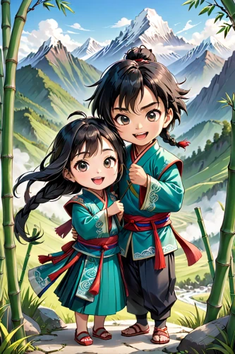 girl and boy outdoor,game illustration,yunnan,mountain scene,yuanyang,qinghai,landscape background,yamada's rice fields,mountain hiking,mountain spirit,wuchang,goki,cute cartoon image,little boy and girl,rice paddies,bianzhong,young couple,arang,adelphan,rice fields,Anime,Anime,General